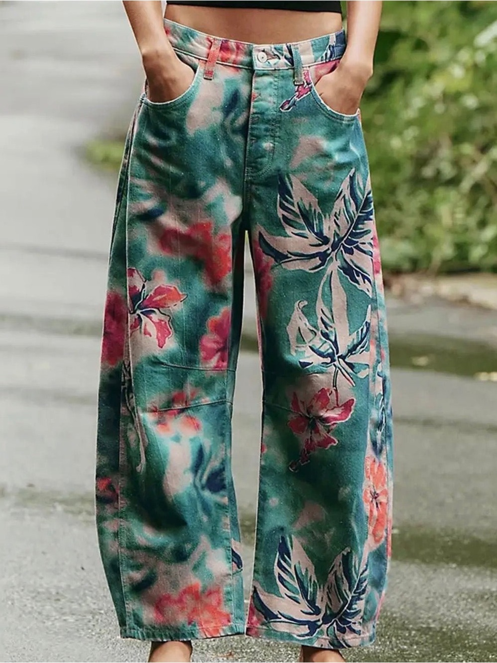 Retro Print High Waist Wide Leg Barrel Pants - Tropical print